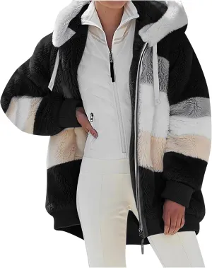 2024 New Rcontrasting Lamb Wool Padded Coat Sherpa Hoodie Lined Jacket Women Faux Fur Shearling Fleece Zip Shacket