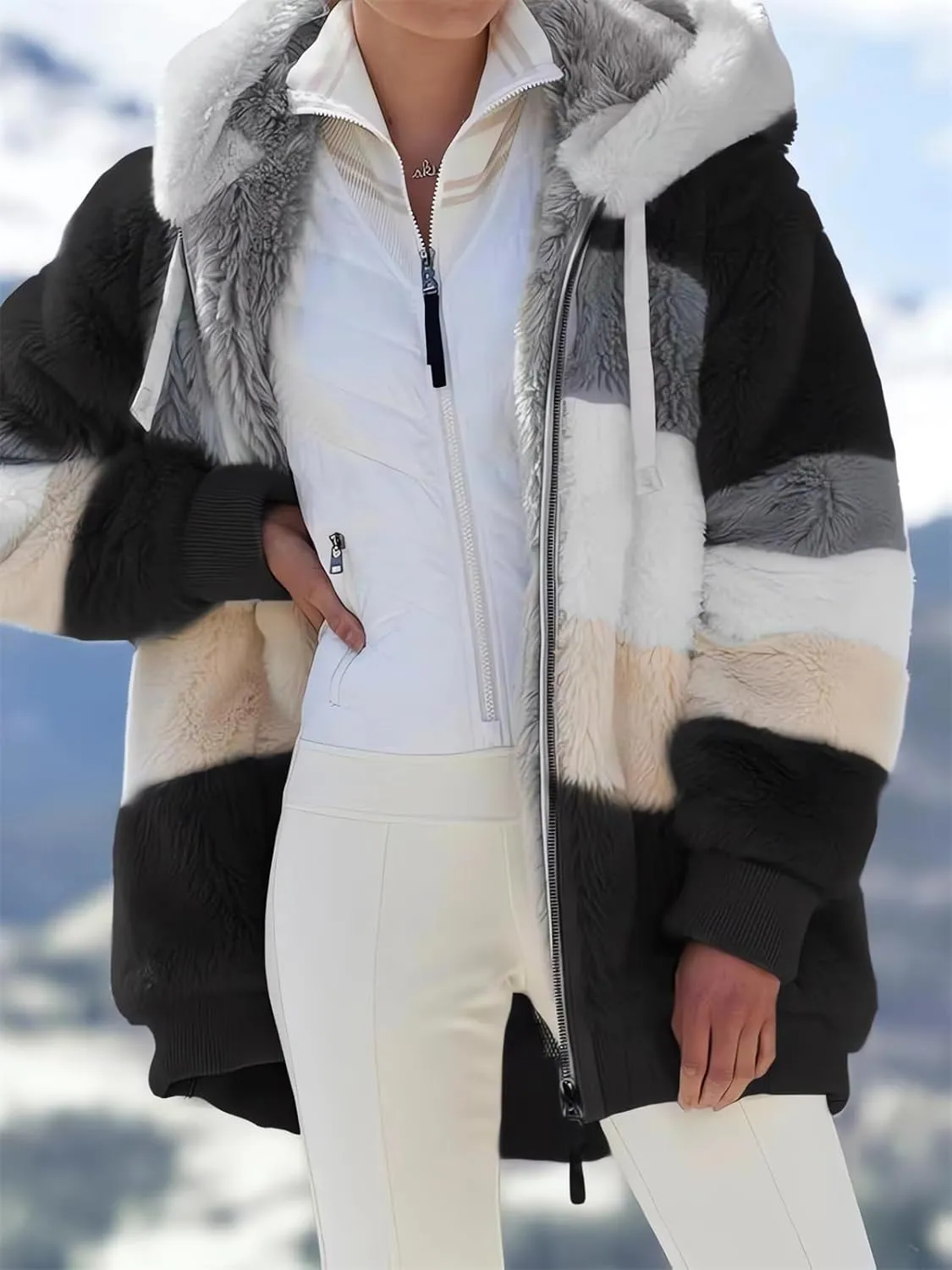 2024 New Rcontrasting Lamb Wool Padded Coat Sherpa Hoodie Lined Jacket Women Faux Fur Shearling Fleece Zip Shacket