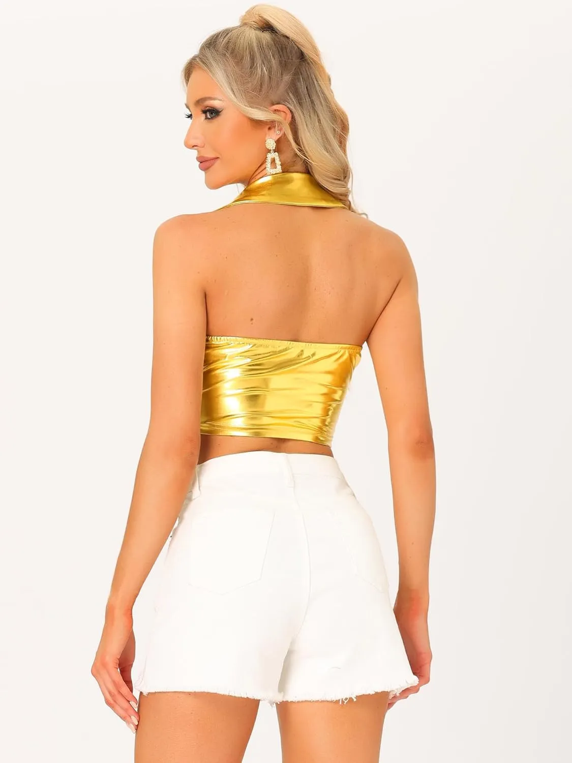 Allegra K Metallic Crop Top for Women's 2023 Halloween Shiny Club Party Halter Rave Sparkle Chrome Holographic Tops