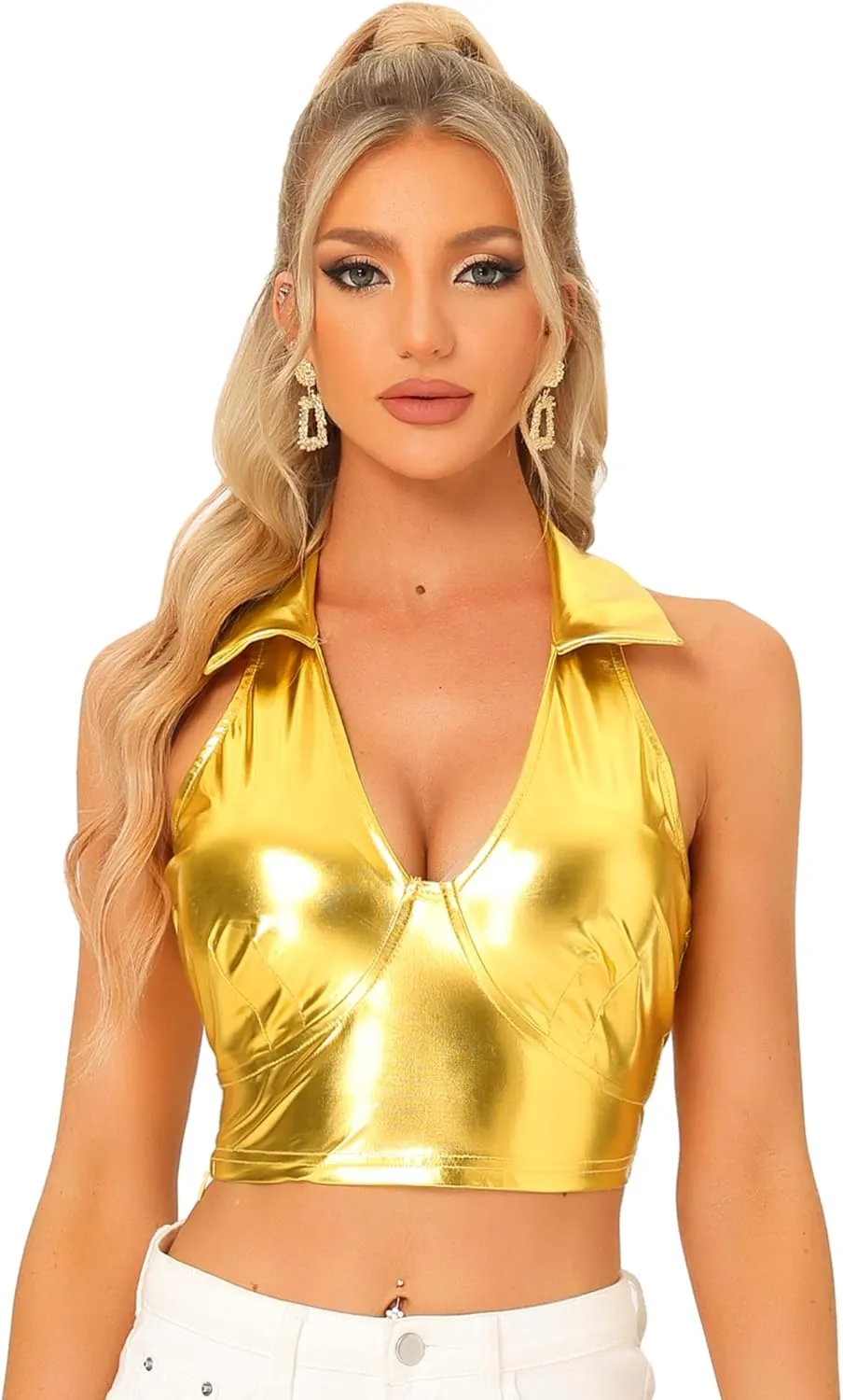 Allegra K Metallic Crop Top for Women's 2023 Halloween Shiny Club Party Halter Rave Sparkle Chrome Holographic Tops