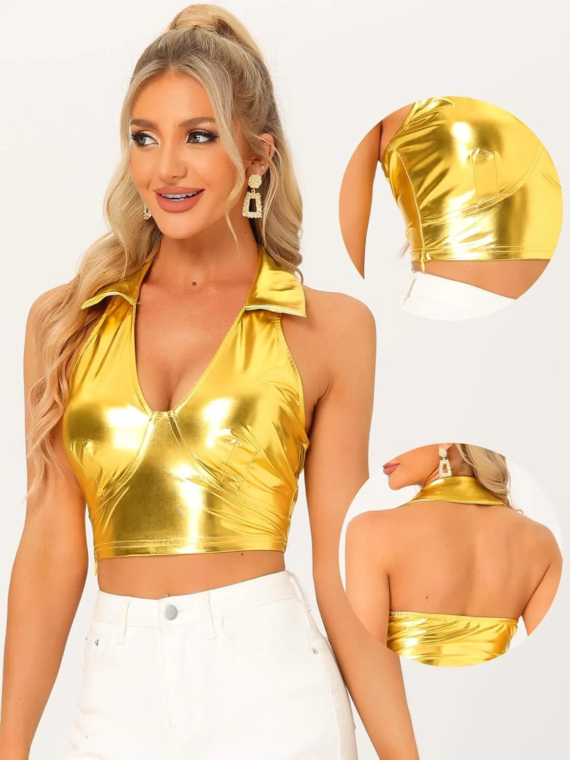 Allegra K Metallic Crop Top for Women's 2023 Halloween Shiny Club Party Halter Rave Sparkle Chrome Holographic Tops