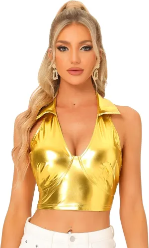 Allegra K Metallic Crop Top for Women's 2023 Halloween Shiny Club Party Halter Rave Sparkle Chrome Holographic Tops