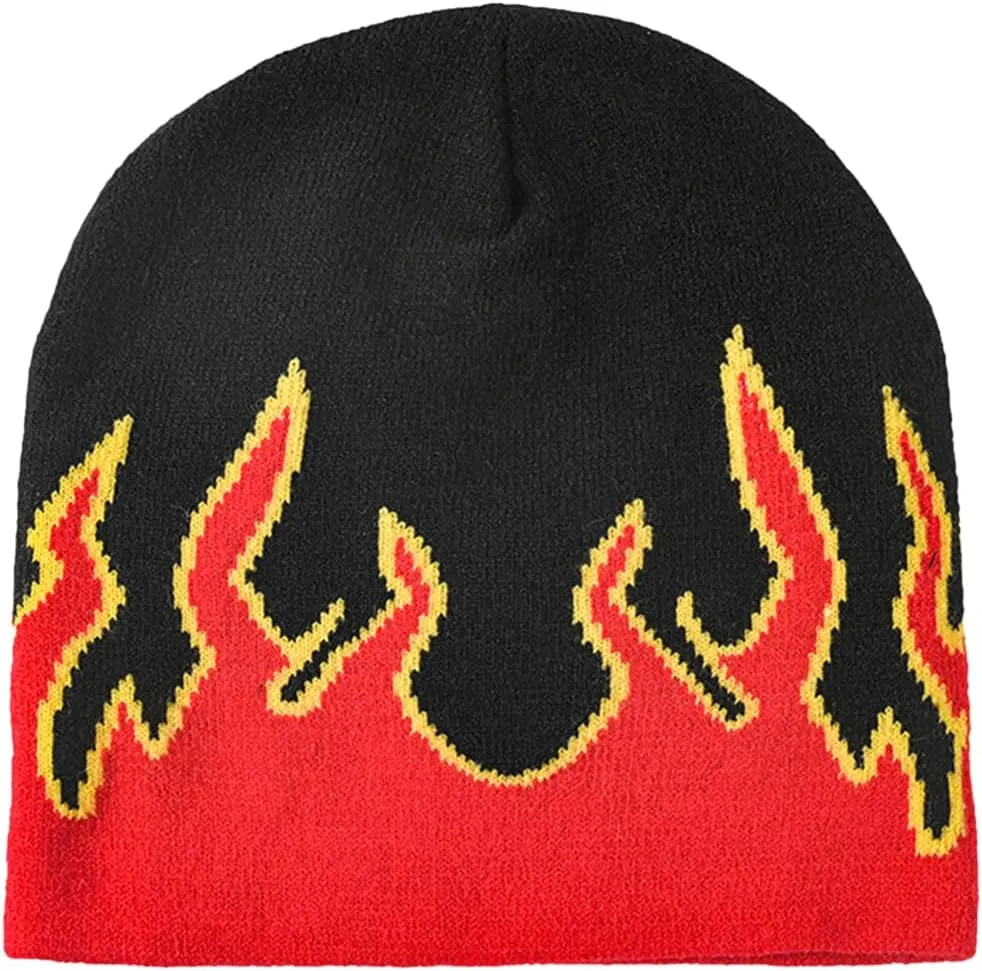 CORIRESHA Women Y2K Flame Beanie Knitted Hats Winter Fall Men Warm Skull Caps