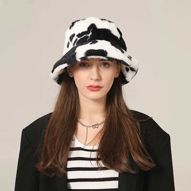 Cow Print Faux Wool Plush Bucket Hat
