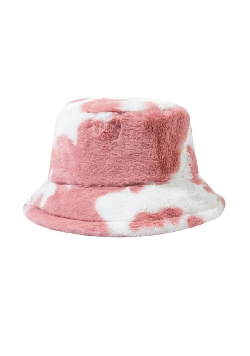 Cow Print Faux Wool Plush Bucket Hat
