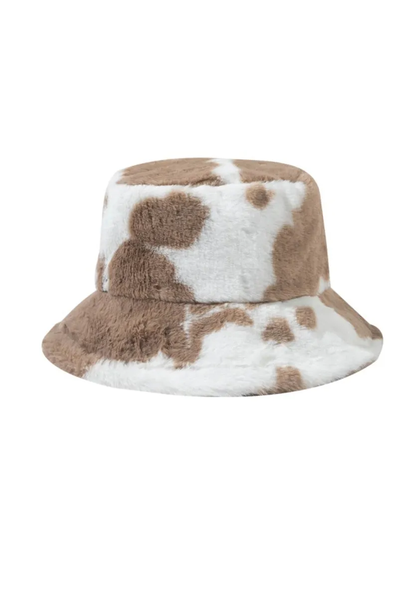 Cow Print Faux Wool Plush Bucket Hat