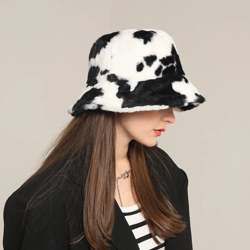 Cow Print Faux Wool Plush Bucket Hat