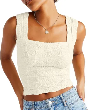 DouBCQ Women Cute Crop Tank Top Square Neck Wide Strap Vest Slim Fit Floral Lettuce Trim Cropped Cami Tops