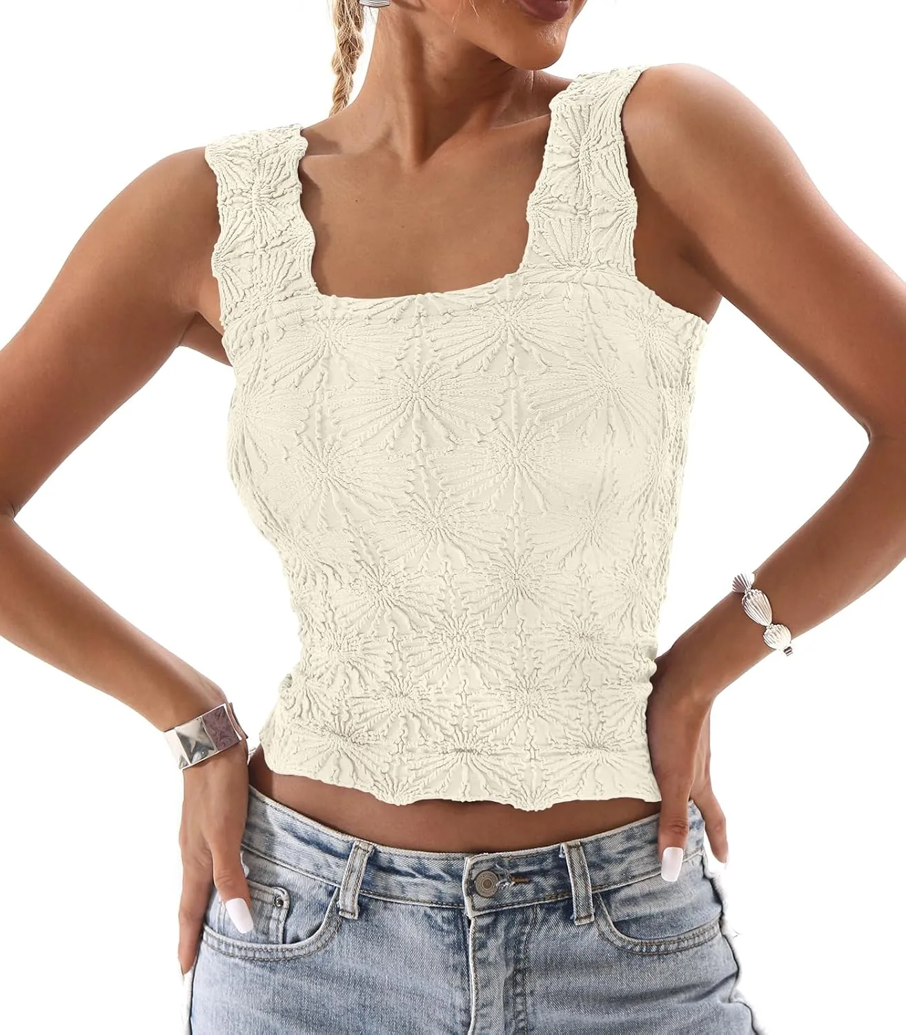 DouBCQ Women Cute Crop Tank Top Square Neck Wide Strap Vest Slim Fit Floral Lettuce Trim Cropped Cami Tops
