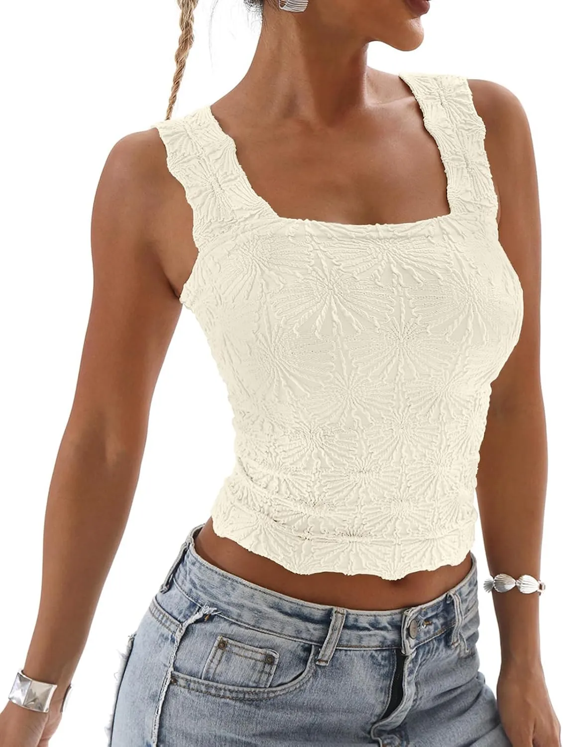 DouBCQ Women Cute Crop Tank Top Square Neck Wide Strap Vest Slim Fit Floral Lettuce Trim Cropped Cami Tops