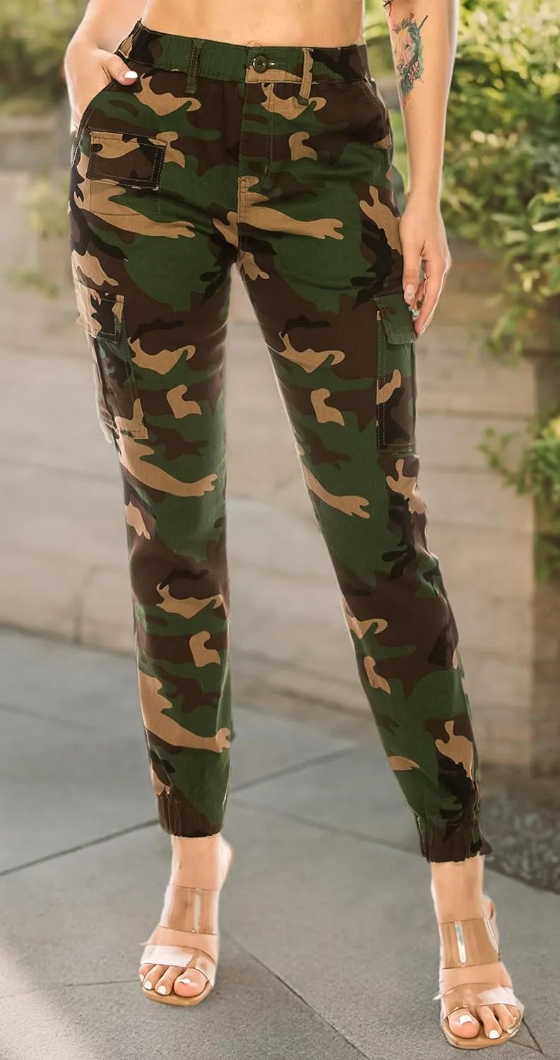 Double Denim January 5th Women's High Waist Cargo Jogger Pants Elastic Waistband Casual Tapered Sweatpants with 6 Pockets