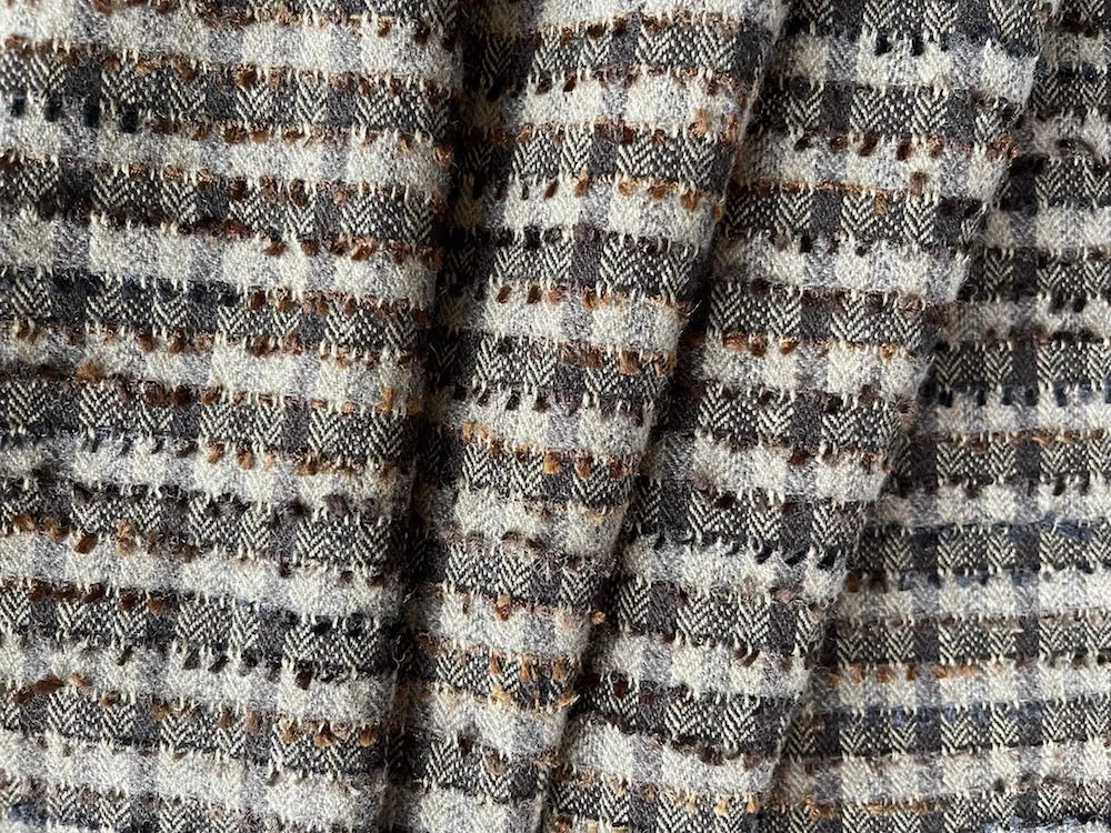 Elegant Shades of Evening Coffee Plaid Wool Blend Bouclé (Made in Italy)