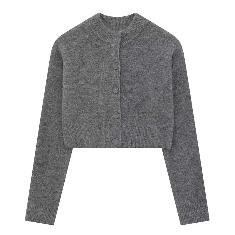 High Neck Sweater Crop Buttoned Cardigan for Women
