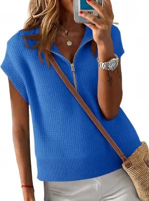 Langwyqu Womens Short Sleeve Cropped Knit Tops Half Zip Cap Sleeve Lightweight Oversized Sweater Vest