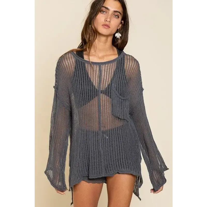 Loose Fit See-through Boat Neck Sweater