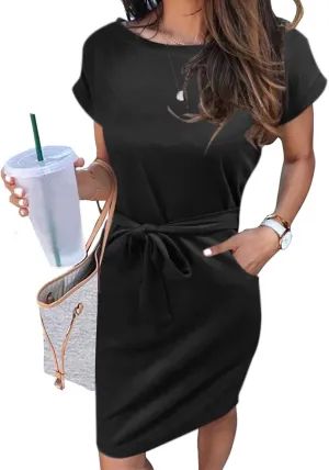 MEROKEETY Women's Summer Striped Short Sleeve T Shirt Dress Casual Tie Waist with Pockets