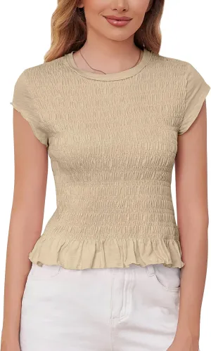 MISSACTIVER Women Casual Smocked Cap Sleeve Crop Tee Shirt Top Crew Neck Shirred Ruffle Hem Slim Fit Crop T-Shirts Tops
