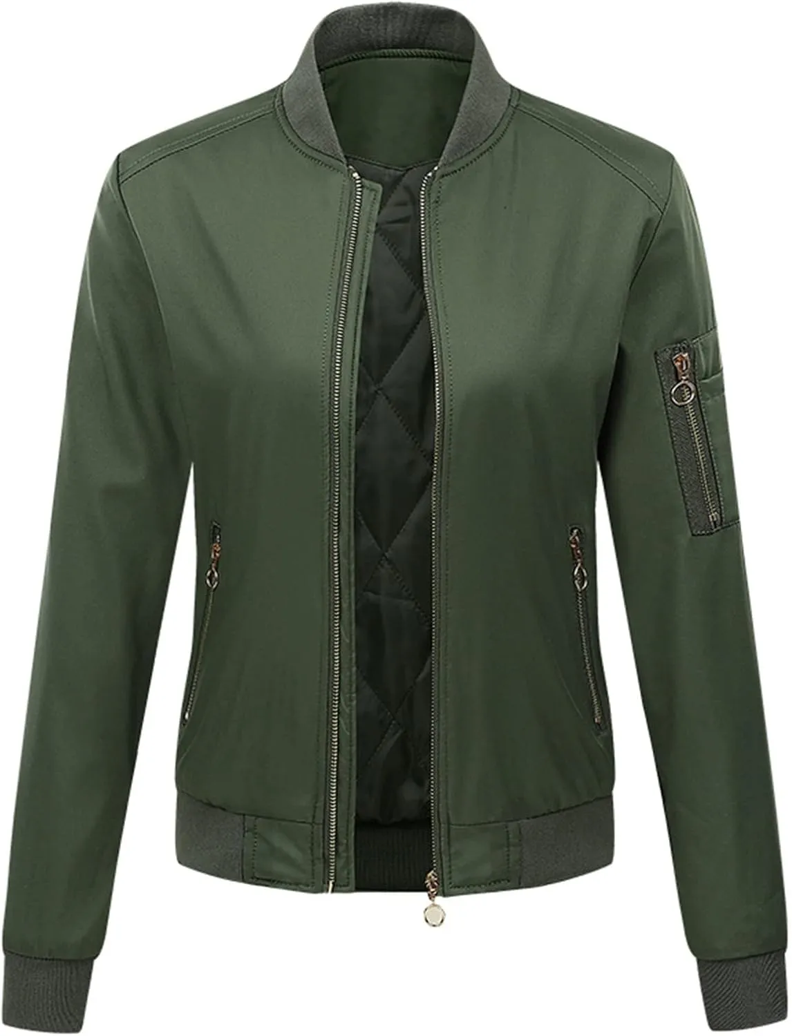 NATHGAM Women's Bomber Jackets Lightweight Casual Jacket Full Zip Windbreaker Jacket Solid Stand Collar Lady Slim Sportswear