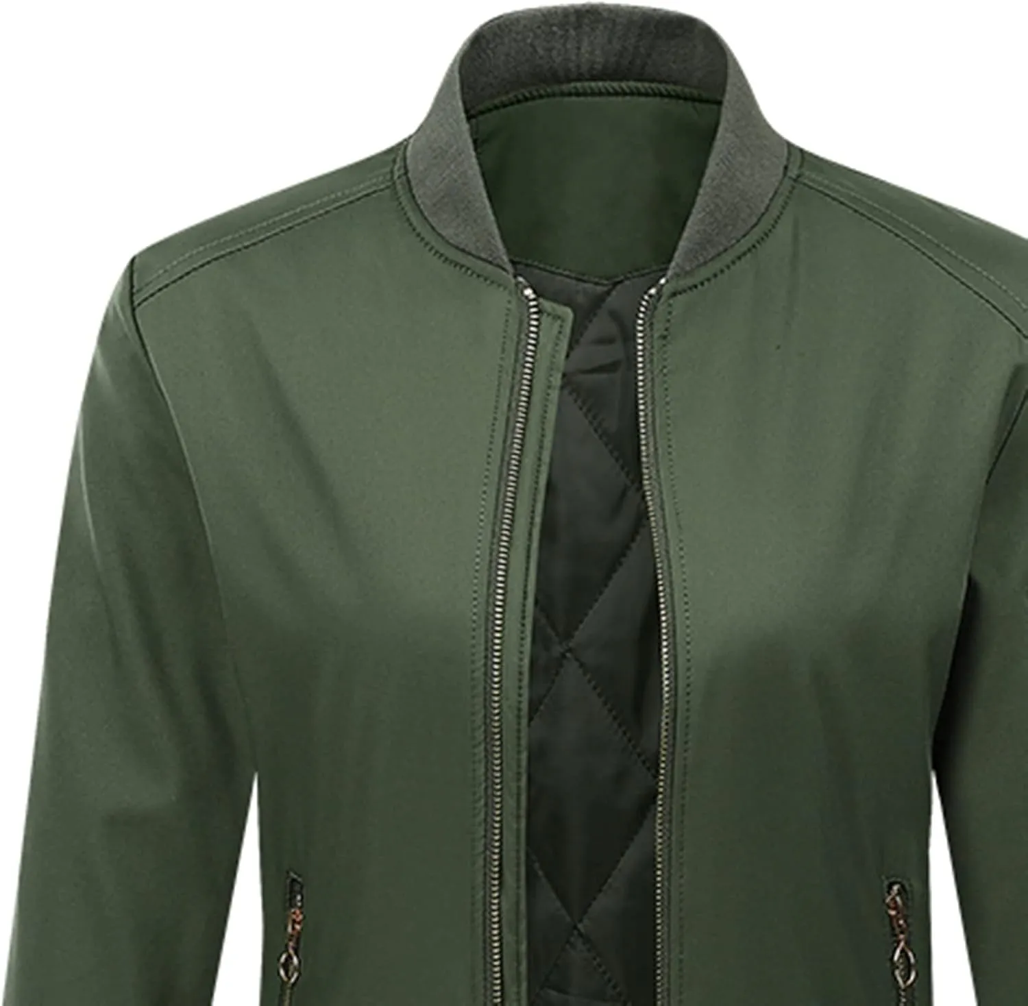 NATHGAM Women's Bomber Jackets Lightweight Casual Jacket Full Zip Windbreaker Jacket Solid Stand Collar Lady Slim Sportswear
