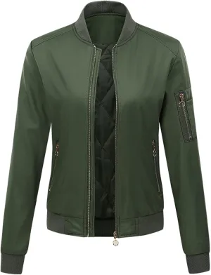 NATHGAM Women's Bomber Jackets Lightweight Casual Jacket Full Zip Windbreaker Jacket Solid Stand Collar Lady Slim Sportswear