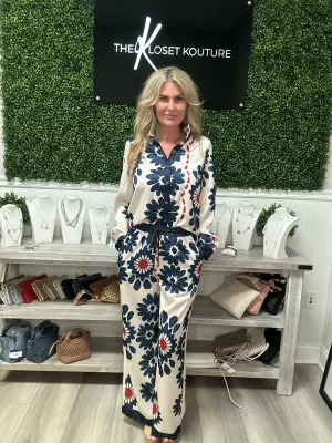 Navy and White Floral Print Pants