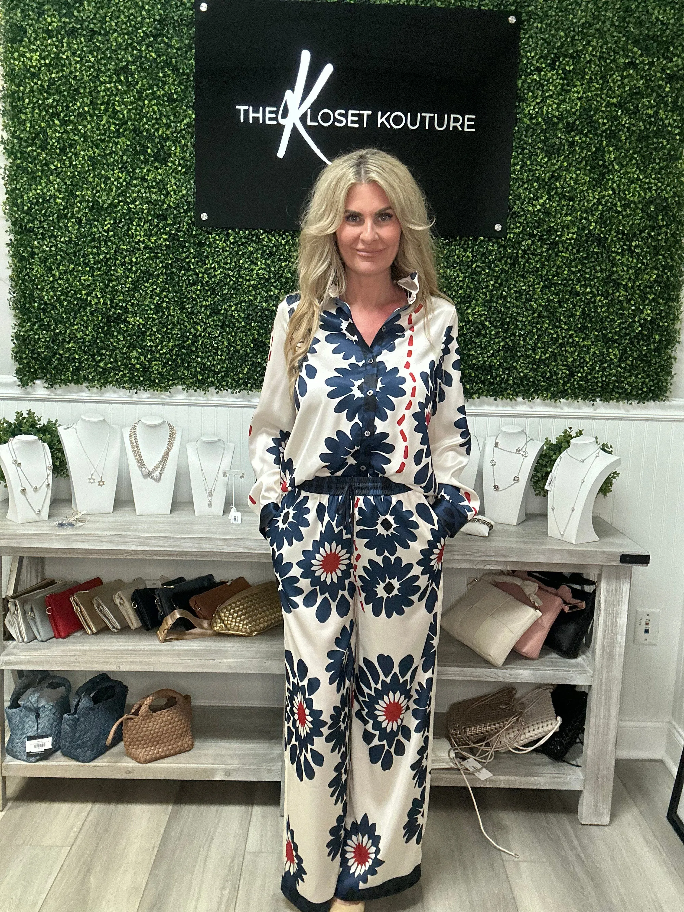 Navy and White Floral Print Pants