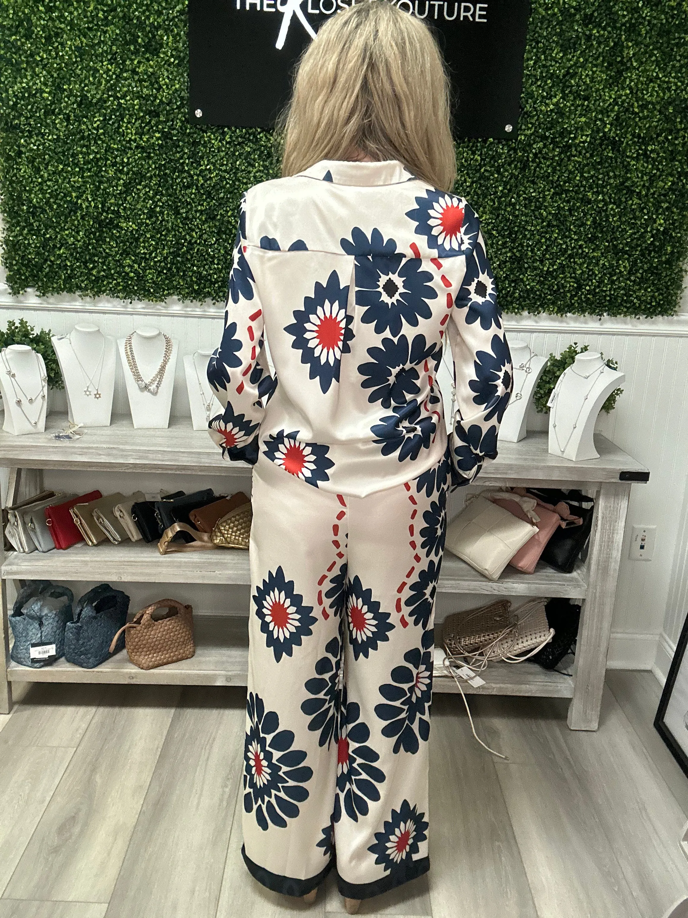 Navy and White Floral Print Pants