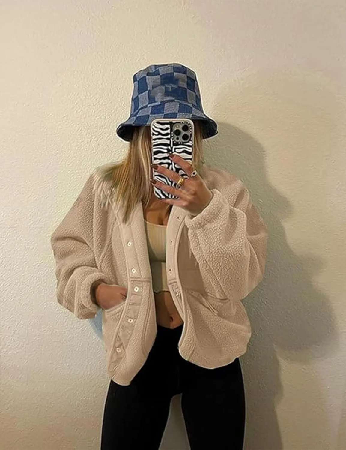 QIBABU Womens Fuzzy Fleece Jacket Long Sleeve Winter Short Coats Warm Button Down Sherpa Fleece Jackets Shacket