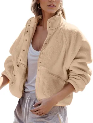 QIBABU Womens Fuzzy Fleece Jacket Long Sleeve Winter Short Coats Warm Button Down Sherpa Fleece Jackets Shacket