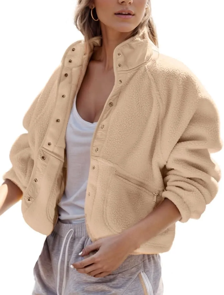 QIBABU Womens Fuzzy Fleece Jacket Long Sleeve Winter Short Coats Warm Button Down Sherpa Fleece Jackets Shacket