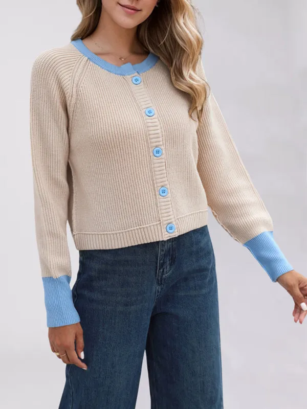 Stylish Button-Up Cropped Cardigan with Color Contrast