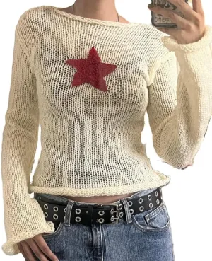 Women Hollow Out Pullover Loose Long Sleeve Crochet Sweater Knitted Oversized Cover Up Vintage Fairycore Grunge Top