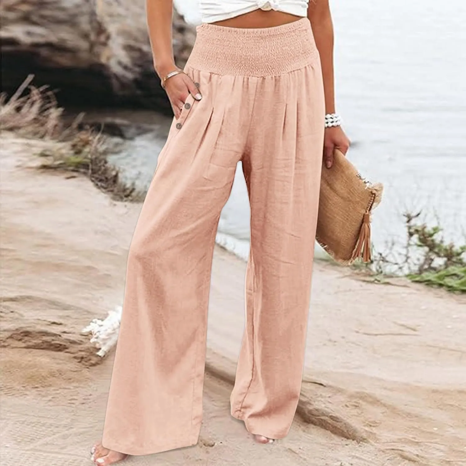 Women's Fashion Loose Casual Buttoned Wide Leg Dressy Loose Fit Pants