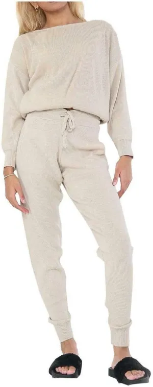 Womens Knitted Drawstring Trouser Co Ord Set Ladies Boat Neck Long Sleeve Top Suit