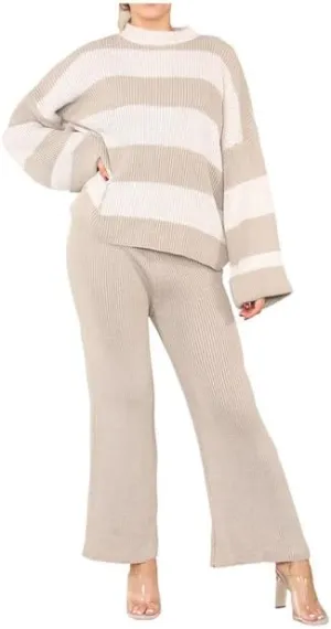 Womens Round Neck Knitted Long Sleeve Stripe Jumper Suit Ladies 2pcs Loungewear Co-Ord Set Tracksuit