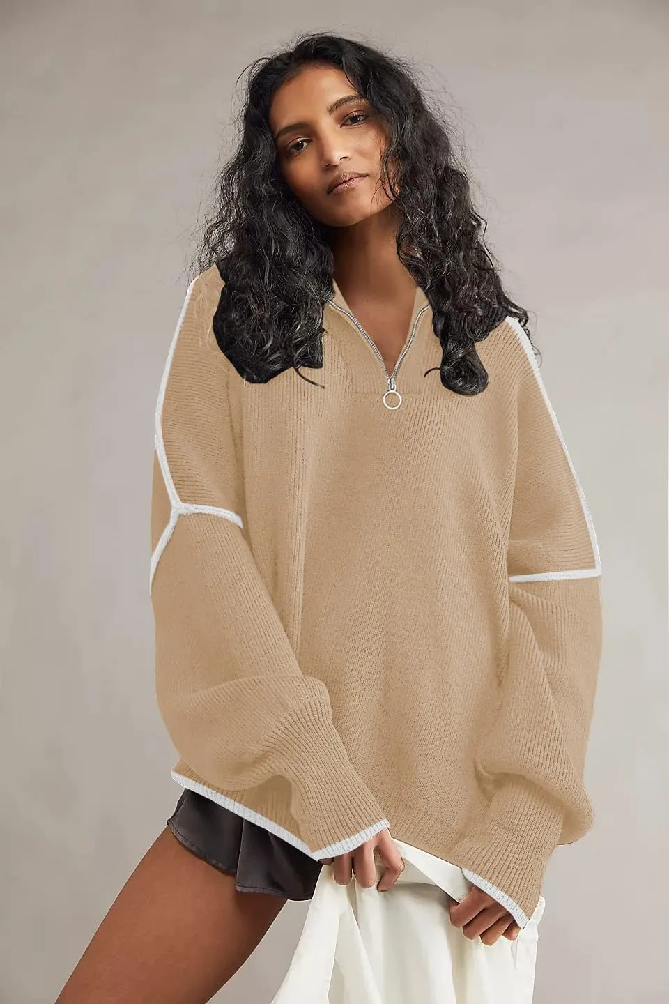 Womens Sweaters Casual Zipper Neck Knit Tops Batwing Sleeve Oversized Sweatshirt Stripes Pullover Sweater Side Split