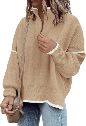 Womens Sweaters Casual Zipper Neck Knit Tops Batwing Sleeve Oversized Sweatshirt Stripes Pullover Sweater Side Split