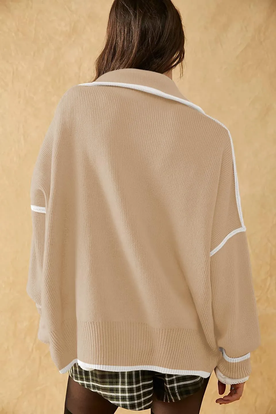 Womens Sweaters Casual Zipper Neck Knit Tops Batwing Sleeve Oversized Sweatshirt Stripes Pullover Sweater Side Split